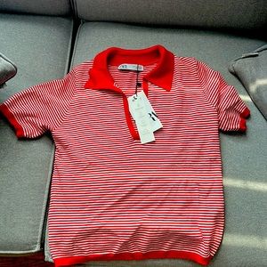 Zara red and white strip polo